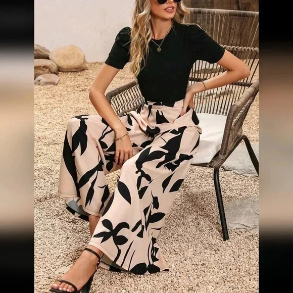 Women Summer Black Knitted Top And Floral Wide Leg Pants 2pcs Set - Picture 5 of 6